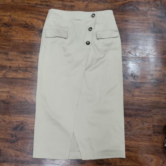 Ann Taylor Prairie Equestrian Modesty Button-Front Wrap Pencil Skirt, Tan Size 6 - Picture 2 of 13